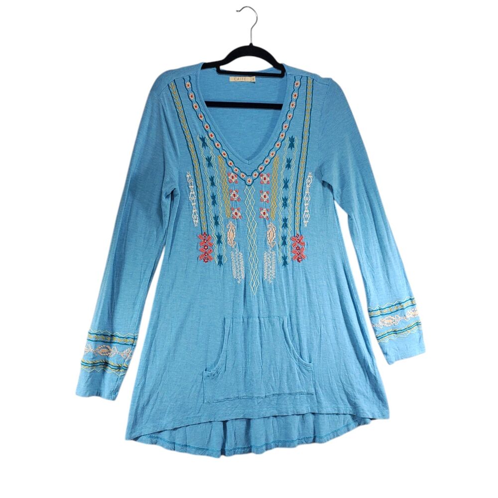 M Caite Anthropologie Embroidered Long Tunic Longline Pocket Hi Low Turquoise